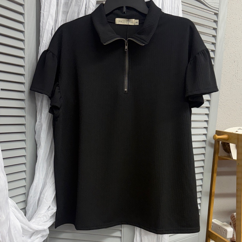 Black Ruffle Sleeve 1/4 Zip Shirt
